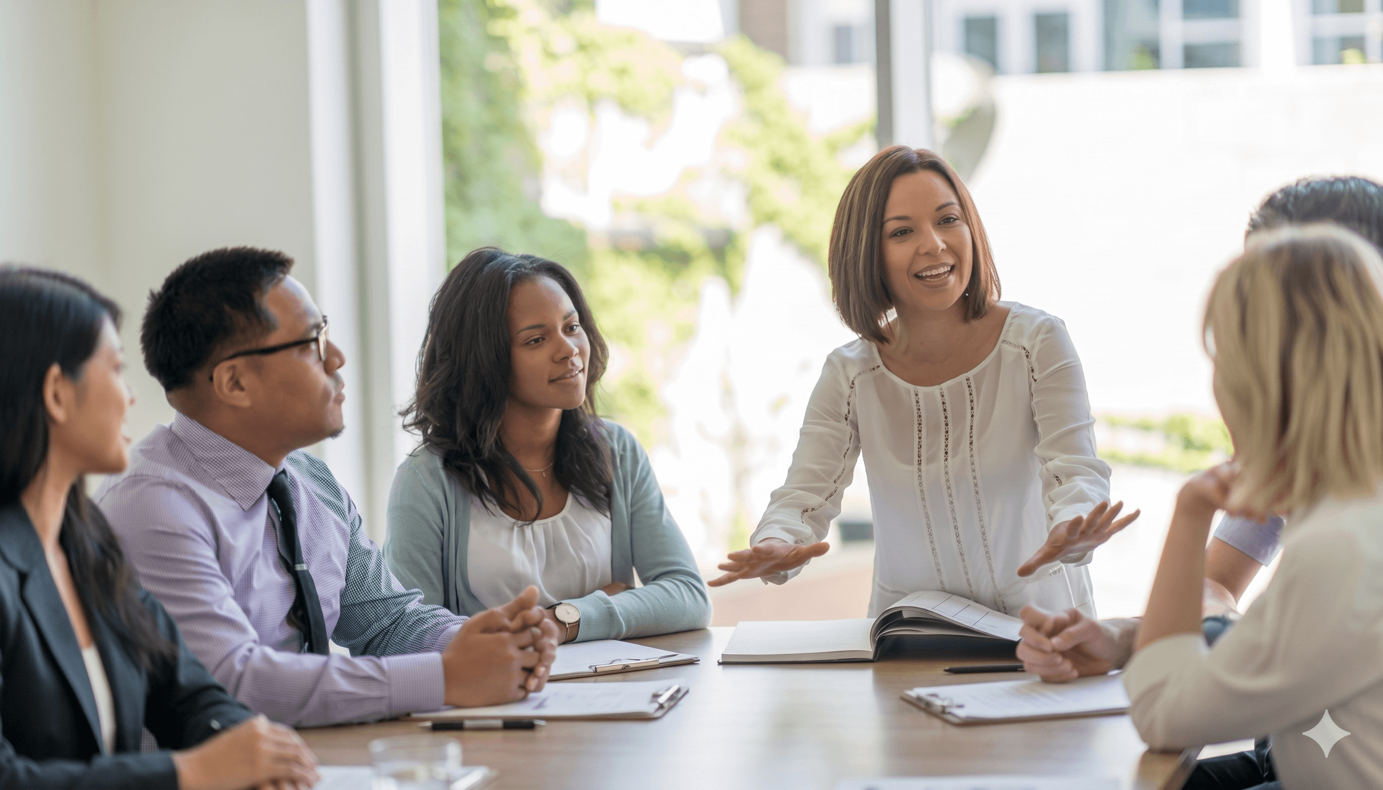 A team meeting around a table, mid-conversation